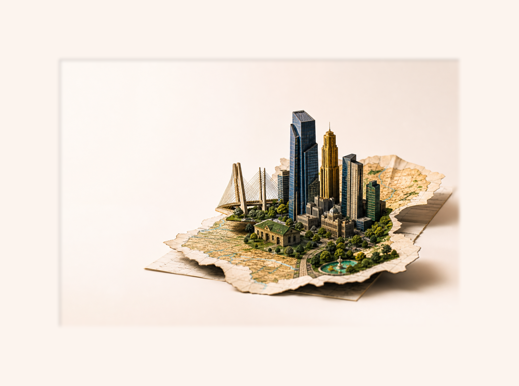 Maquete 3D de uma cidade brasileira emergindo de um mapa