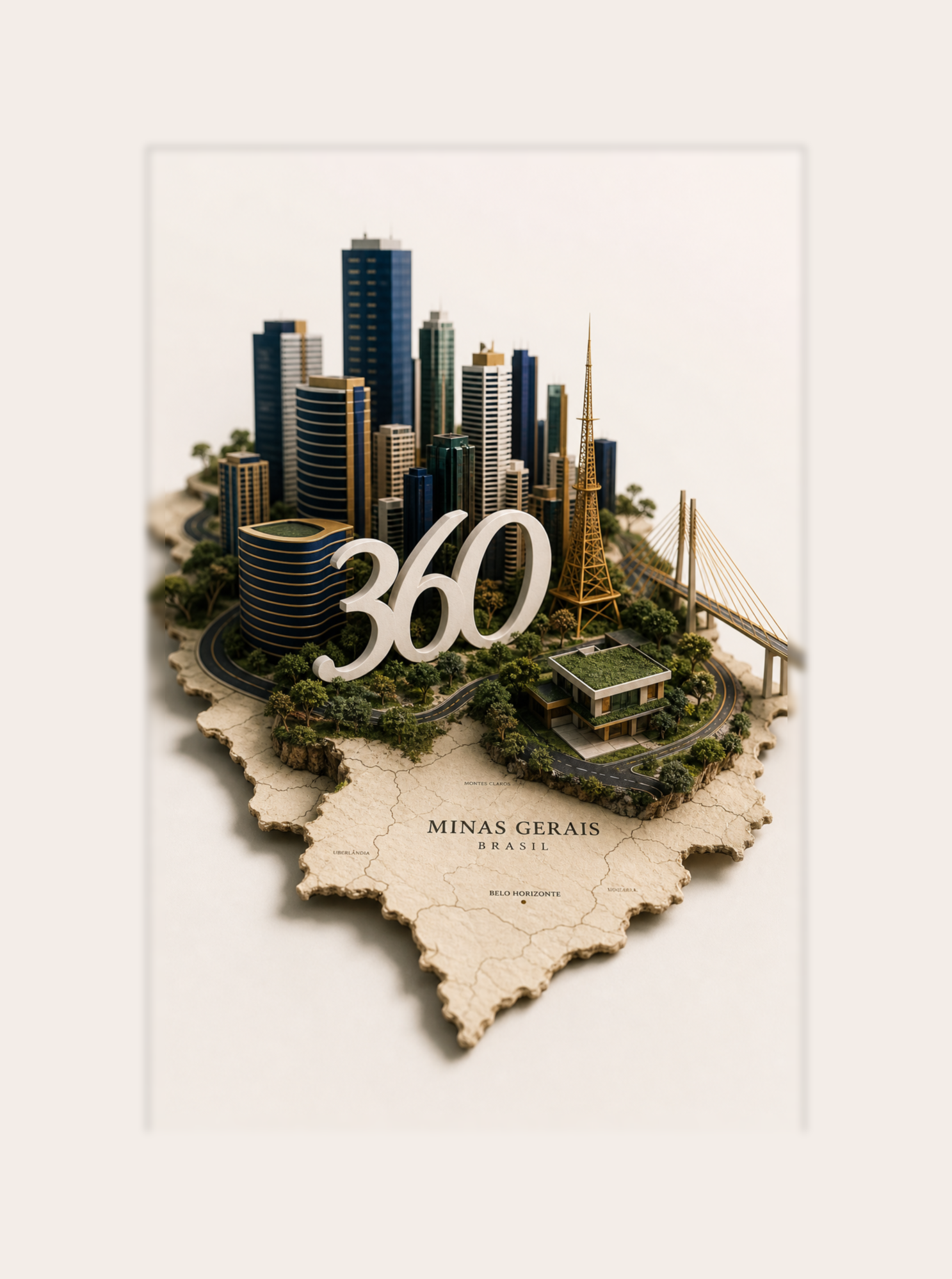 Maquete 3D de Minas Gerais com o 360 — ecossistema Inteligência Municipal 360