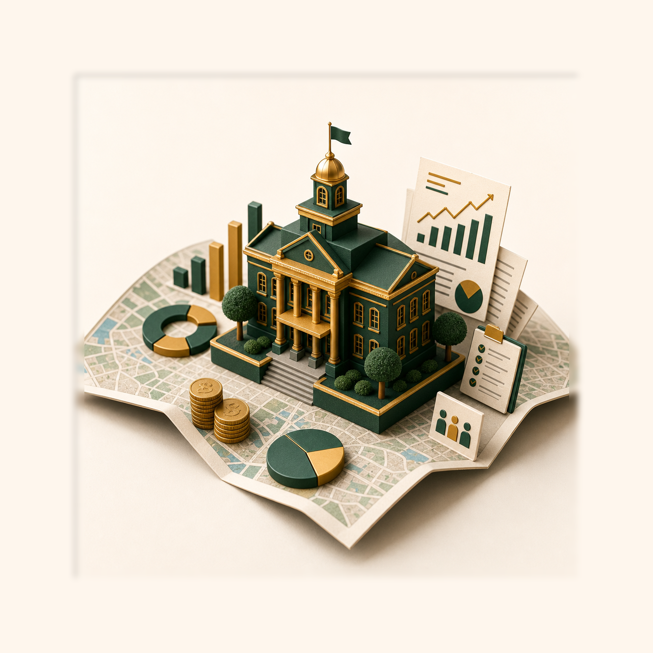 Maquete 3D de uma prefeitura com gráficos, moedas e checklist